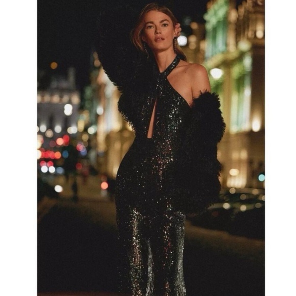 Maeve Anthropologie Black Silver Sequin Halter Jumpsuit Wide Leg Evening Size 10 - Picture 6 of 17